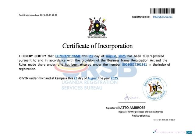 Download Uganda company incorporation certificate Word and PDF template Photoshop template